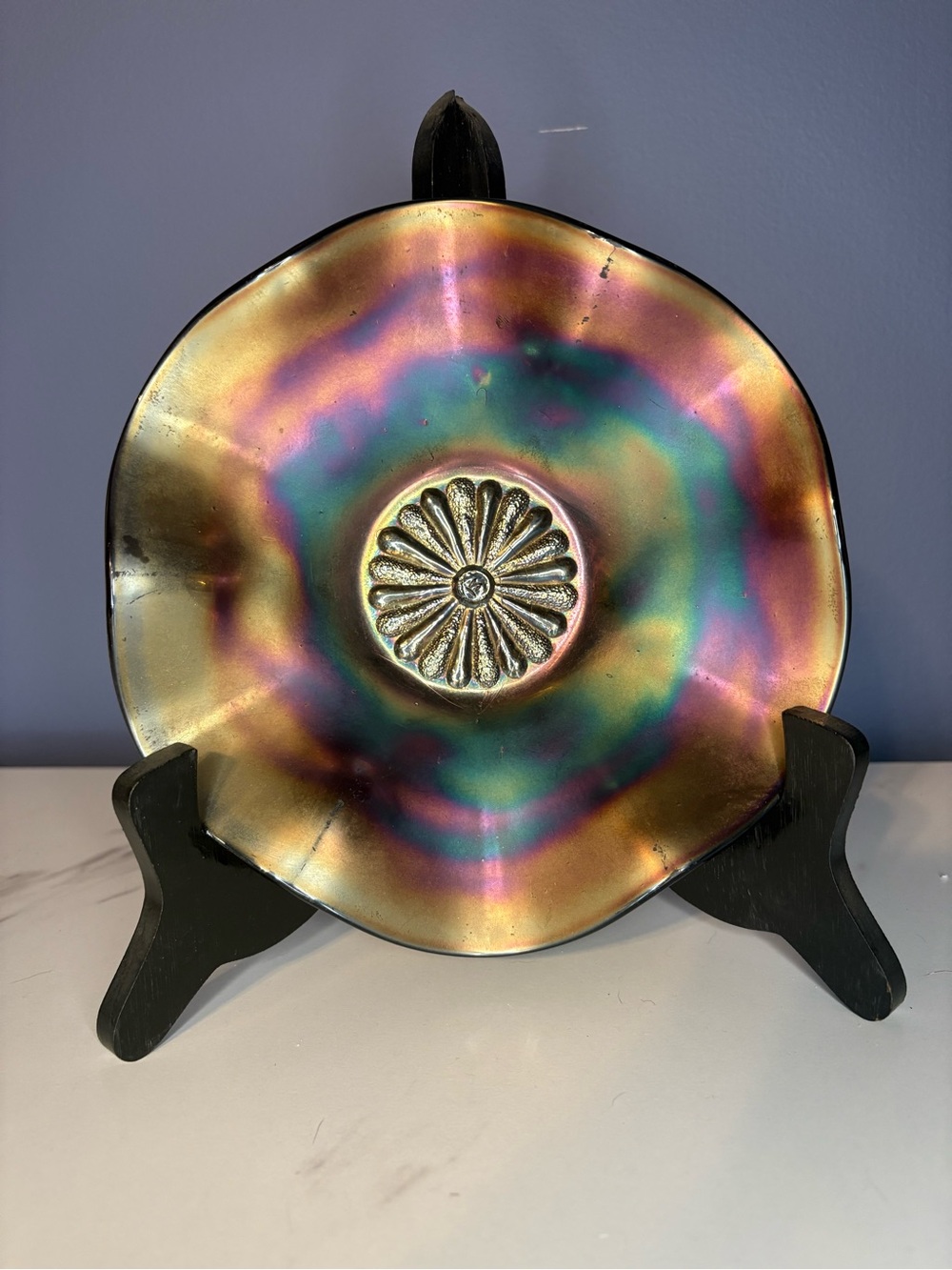 Vintage Northwood Black And Amethyst Carnival Ruffled Dish